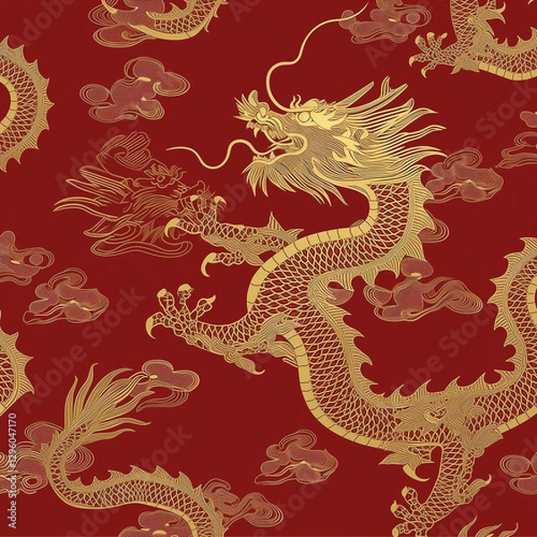 Fototapeta Red background with golden dragon pattern in Chinese art style, high resolution seamless design for fabric as flat vector graphic.