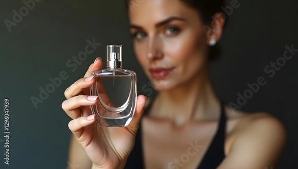 Obraz A close-up of a woman holding a bottle of perfume	