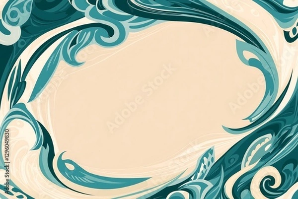 Fototapeta Elegant swirling teal and cream abstract frame design.