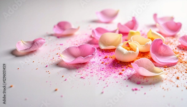 Fototapeta A stunning close-up of Flower Petals with Gulal Powder, highlighting the traditional and aesthetic elements of Holi celebrations filled with vibrant colors.