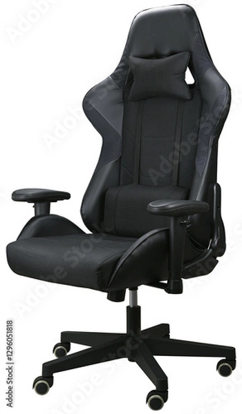 Obraz Black gaming chair on wheels with high back isolated on a transparent background. Completely in focus. Focus stacking.