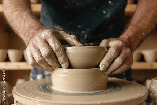 Fototapeta Hands shaping clay on pottery wheel, creating unique ceramic pie