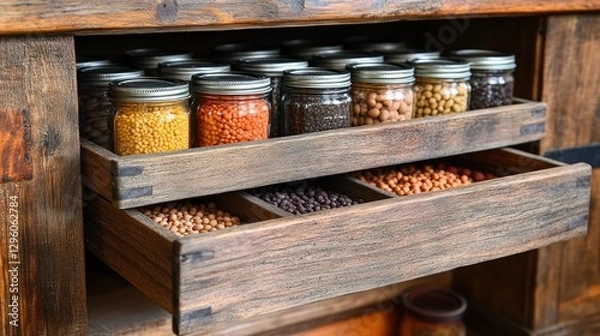Fototapeta Wooden pantry drawer filled with various grains and legumes