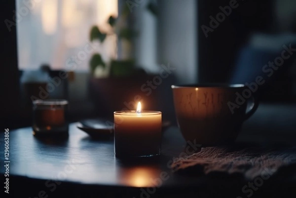 Fototapeta A small candle burning on a table at night, illuminating a dark room, symbolizing hope amidst the darkness