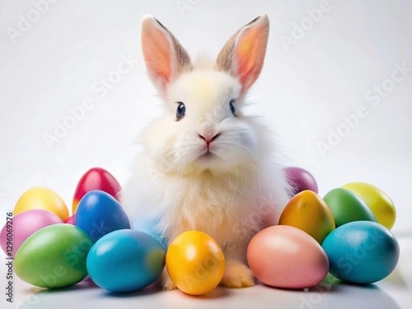 Obraz Adorable Easter Bunny with Colorful Eggs on White Background - Spring Holiday Stock Photo
