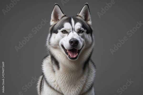 Fototapeta Joyful Siberian Husky Portrait on Grey Background Showcasing Happy Expression
