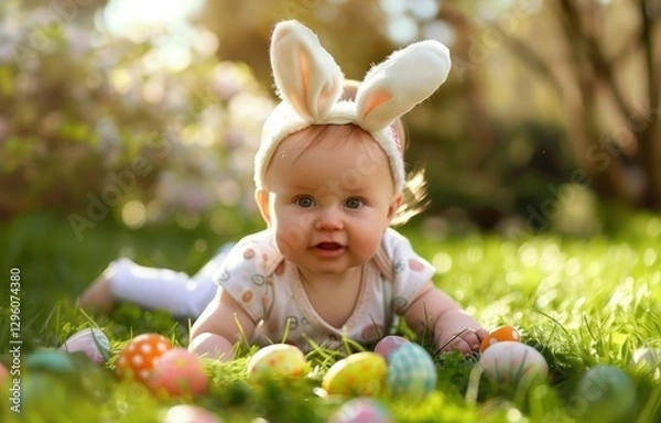 Fototapeta Baby wearing bunny ears headband is lying on grass with colorful easter eggs, enjoying easter egg hunt