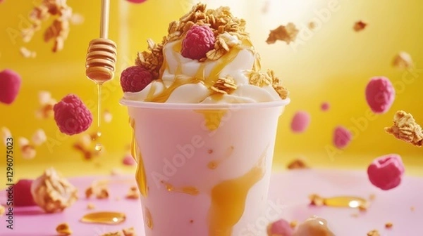 Fototapeta A close-up of a cup of frosted yogurt with fresh fruit, drizzled with honey and topped with granola.