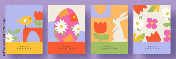 Obraz Happy Easter Set of cute greeting card, poster, holiday cover or web banner. Trendy design with typography, hand drawn flowers, abstract shapes, eggs, Easter bunny, chick. Modern art style template