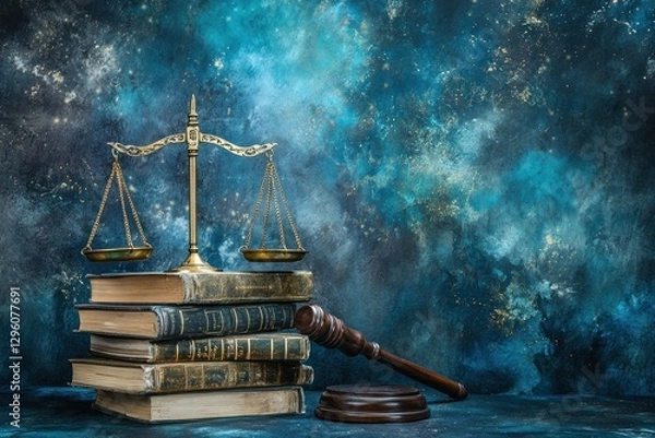 Obraz Scales of justice, gavel, and old law books on a dark blue textured background.