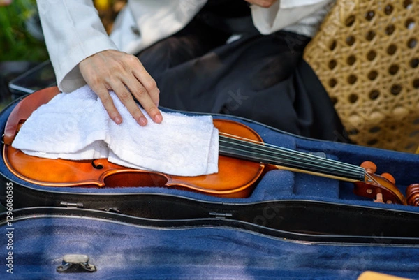 Obraz A musician carefully wipes the string of the violin with a soft cloth to clean and maintenance her violin