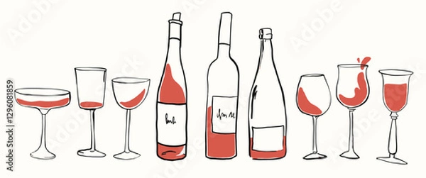 Obraz Hand drawn wine bottles and glasses vector illustration. Hand draw la dolce vita doodles