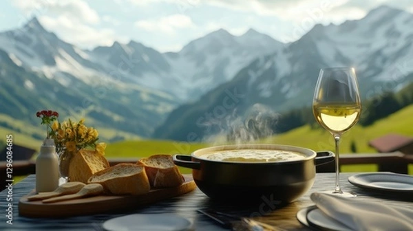 Fototapeta A charming dining table at a Swiss alpine lodge features a pot of delicious fondue, fresh bread, a glass of wine, and colorful flowers against a stunning mountain backdrop