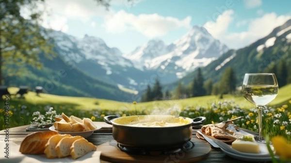 Fototapeta Guests enjoy a delicious pot of cheese fondue surrounded by a beautifully set dining table at a Swiss alpine lodge. The breathtaking mountains create a picturesque backdrop