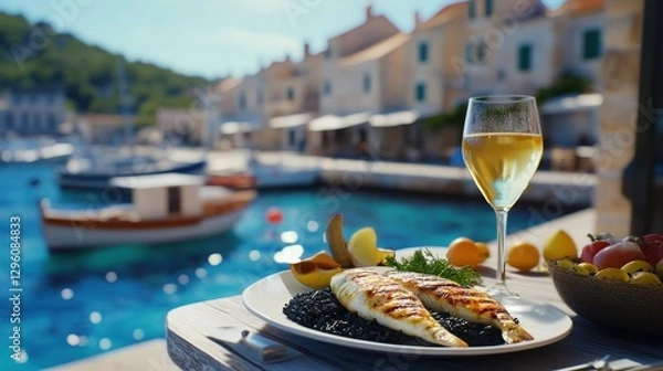 Fototapeta Visitors savor a delicious meal of grilled fish accompanied by white wine at a charming seaside café table in Croatia as boats gently sway on the water