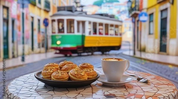 Fototapeta A table at a quaint pastelaria features golden pastries and a steaming cup of coffee, set against the backdrop of a colorful tram rolling through Lisbon's charming streets