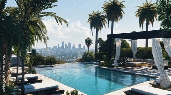 Fototapeta This Hollywood Hills villa features a beautifully designed outdoor space with a sparkling pool, surrounded by lush palms and offering breathtaking views of the Los Angeles skyline