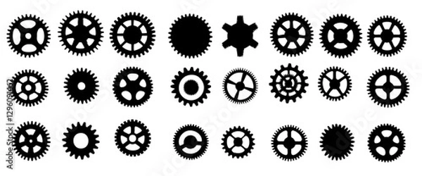 Obraz 
Simple black vector gear icons, featuring minimal line drawings and flat design elements

