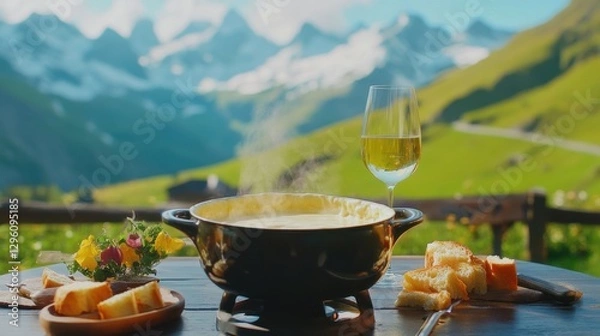 Fototapeta A table is set with a steaming pot of fondue, fresh bread, and a glass of white wine, surrounded by breathtaking Swiss alpine scenery on a sunny day