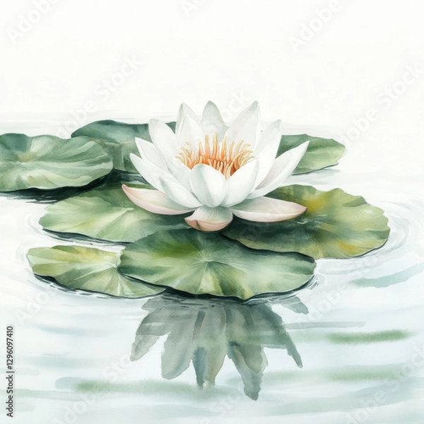 Fototapeta Watercolor lotus blossom with lily pads showing peacefulness