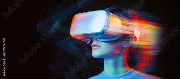 Fototapeta Immersive Reality: Person wearing a VR headset with abstract light streaks, symbolizing the future of technology and virtual experiences.