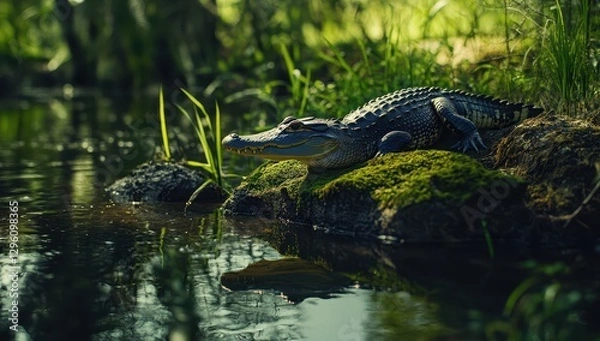 Fototapeta Lush Wetlands Habitat with Alligator Resting on Mossy Rocks Beside Calm Water in a Vibrant Natural Landscape