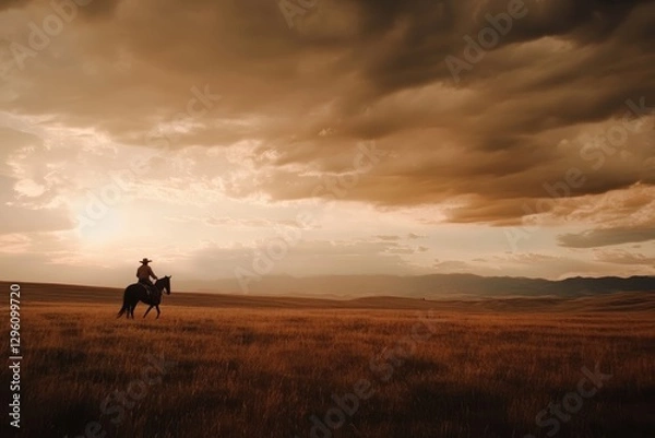 Fototapeta Cowboy riding horse through golden prairie under dramatic sky