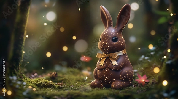 Fototapeta Chocolate bunny in the middle of an enchanted forest