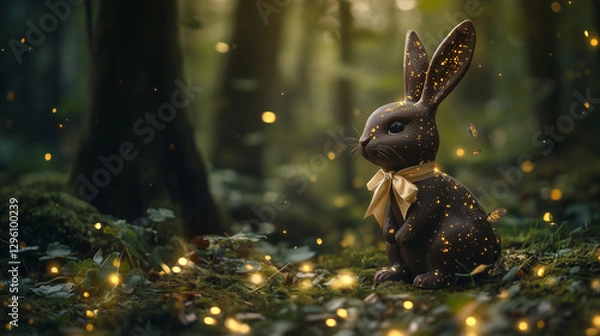 Fototapeta Chocolate bunny in the middle of an enchanted forest