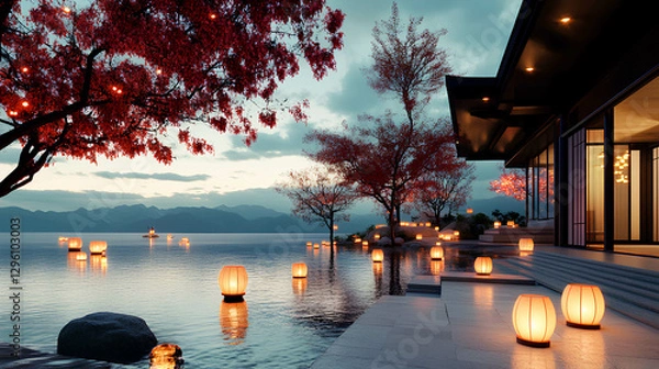 Fototapeta Tranquil lakeside evening with glowing lanterns and autumn foliage beside a modern building amidst serene nature at dusk