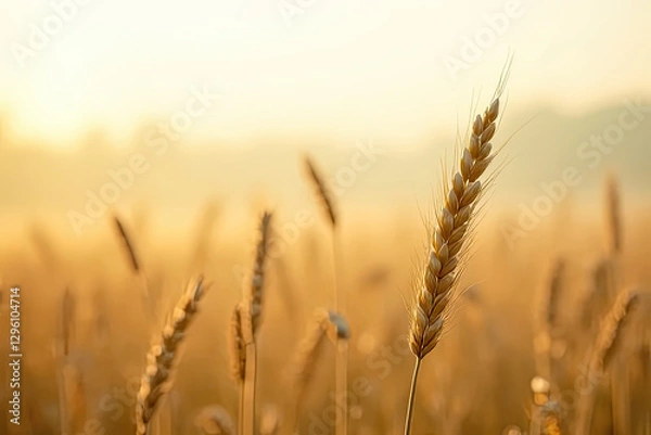 Fototapeta Golden Wheat Field in Soft Morning Light with a Warm Glow and a Tranquil Countryside Ambiance Creating a Dreamy and Picturesque Rural Harvest Landscape