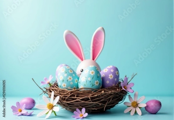 Fototapeta Decorated Easter Eggs in Bird's Nest with Rabbit Figurine