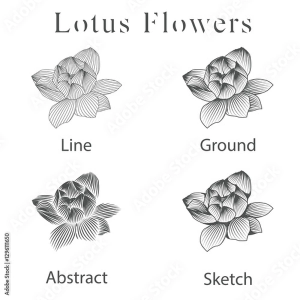 Fototapeta monoline vector illustration lotus flower sketch negative space.