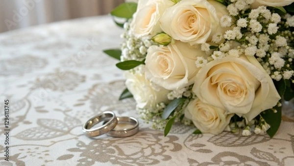 Fototapeta A beautiful bouquet of white roses with delicate greenery, accompanied by two wedding rings on an elegant tablecloth.