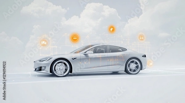 Fototapeta Smart vehicle network displaying real-time weather forecast for drivers, integrating intelligent car connectivity with advanced meteorological data.