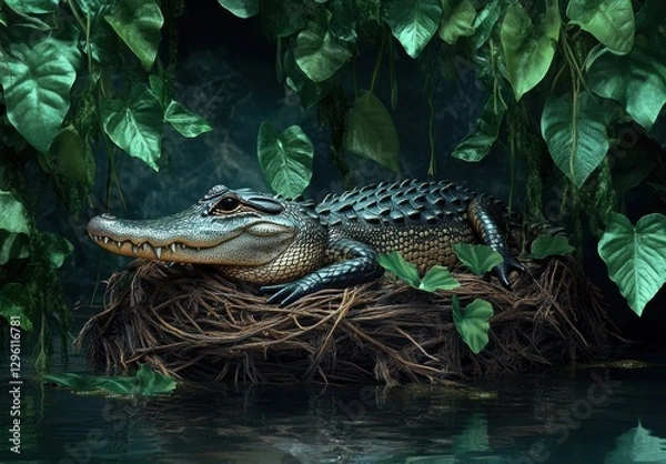 Fototapeta Majestic Alligator Resting on a Nest Surrounded by Lush Green Foliage in a Tranquil Swamp Environment
