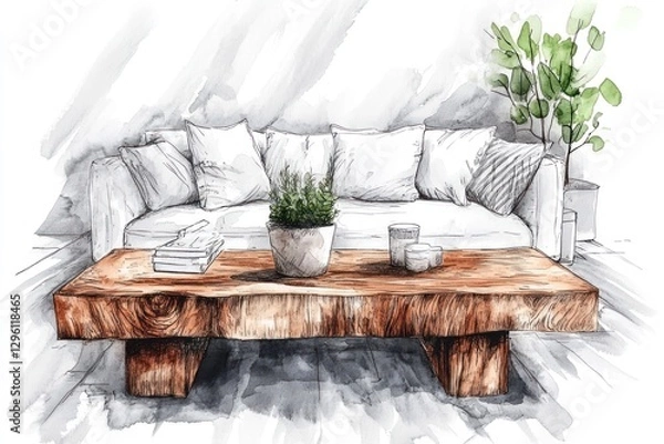 Obraz Watercolor sketch of a living room with a rustic wooden coffee table, white sofa, and plants.