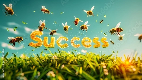 Obraz Success Written in Honey, Bees Flying Over Green Grass and a Blue Sky