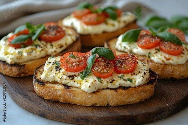 Obraz Fresh Italian Bruschetta Toast with Creamy Cheese and Basil on Wooden Board
