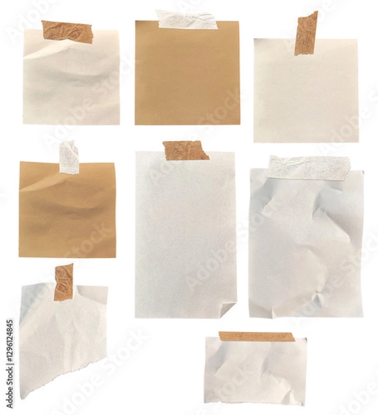 Obraz Crumpled Notebook Paper with Adhesive Tape - Blank Vintage Memo, Scrapbook, Wrinkled Texture, PNG Clipart, transparent bg, no shadow 
