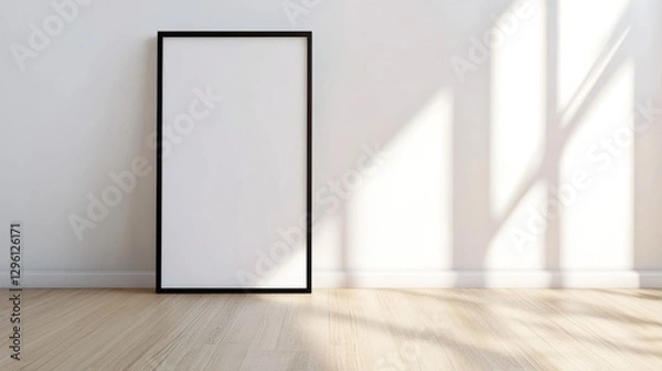 Fototapeta A minimalist room featuring a blank black-framed canvas leaning against a wall, with soft sunlight casting shadows on the wooden floor.