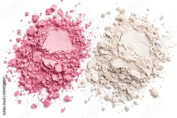 Obraz Close-up of crushed pink and beige cosmetic powder on white background.