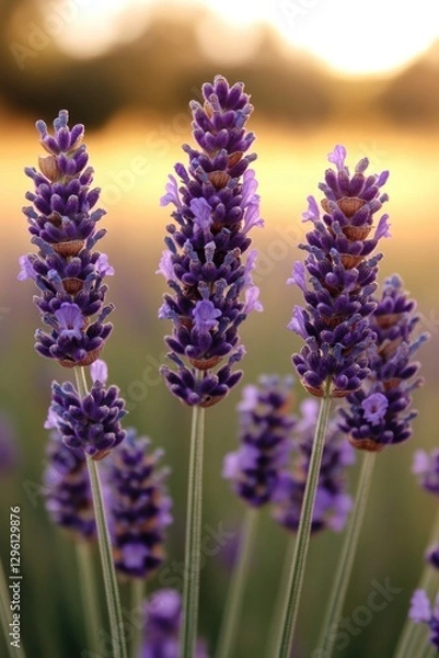 Fototapeta Delicate lavender blooms stand tall against soft golden backgrou