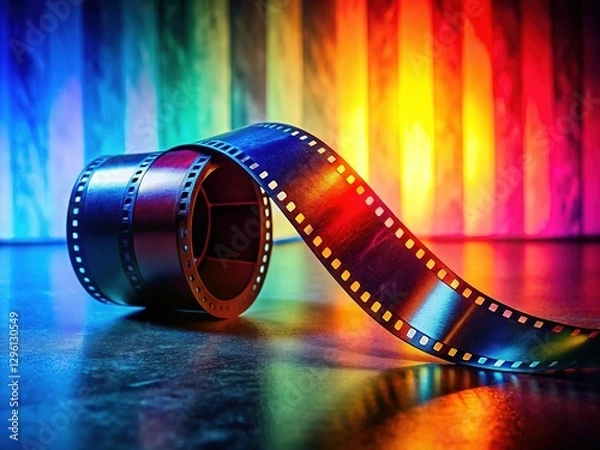 Fototapeta Colorful Film Tape Silhouette on Vibrant Background - Retro Cinematic Stock Photo