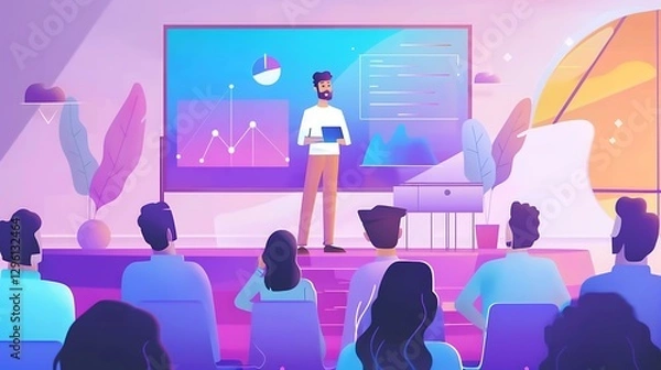 Obraz Entrepreneur giving a presentation on a large digital screen, confident posture, vibrant startup environment