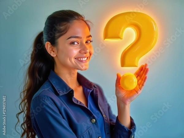 Fototapeta A student stands before a glowing question mark, ready to unlock the mysteries of knowledge and the future. 