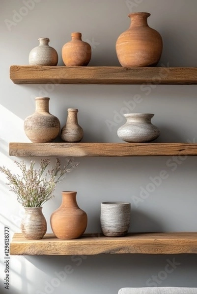 Fototapeta Assortment of handmade vases and pottery, displayed on a wooden shelf against a grey wall. Ceramic art reflecting traditional craftsmanship with a contemporary touch.