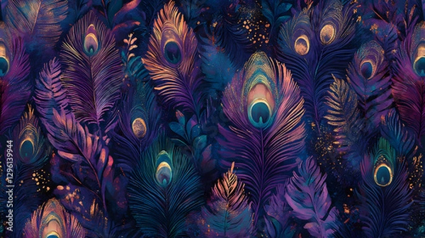 Obraz A seamless pattern of colorful peacock feathers
