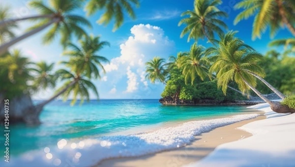 Fototapeta Tropical beach with palm trees and calm turquoise waters under a clear blue sky at midday