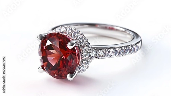 Fototapeta A sparkling ruby ring with a diamond-encrusted band, set against a pure white background